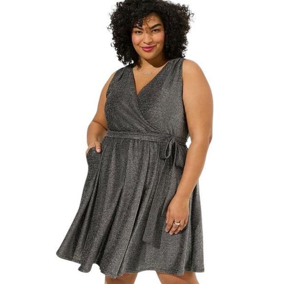 Torrid Plus Sz 2X Dress Mini Glitter Lurex Surplice Tiered Faux‎ Wrap Silver 964 - Picture 15 of 15
